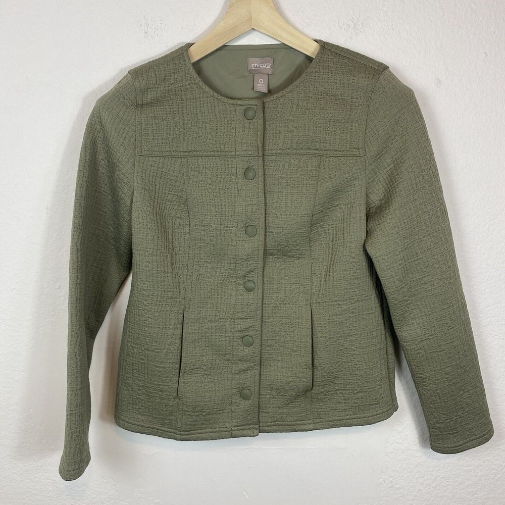 Chico's Women's Size 0 Knit Snap Button Blazer Jacket Stretch Long Sleeve Olive